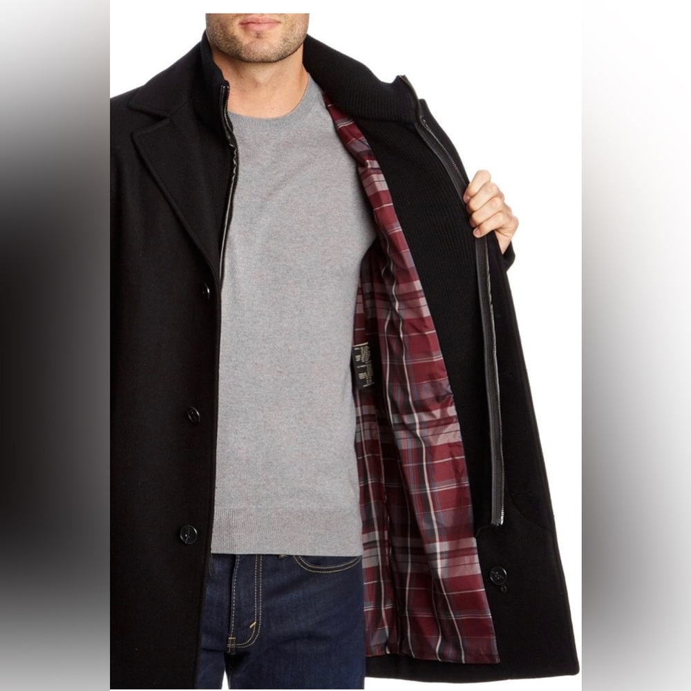 NWT Cole Haan Men’s Classic top coat - ribbed knit bib, faux leather detail XL